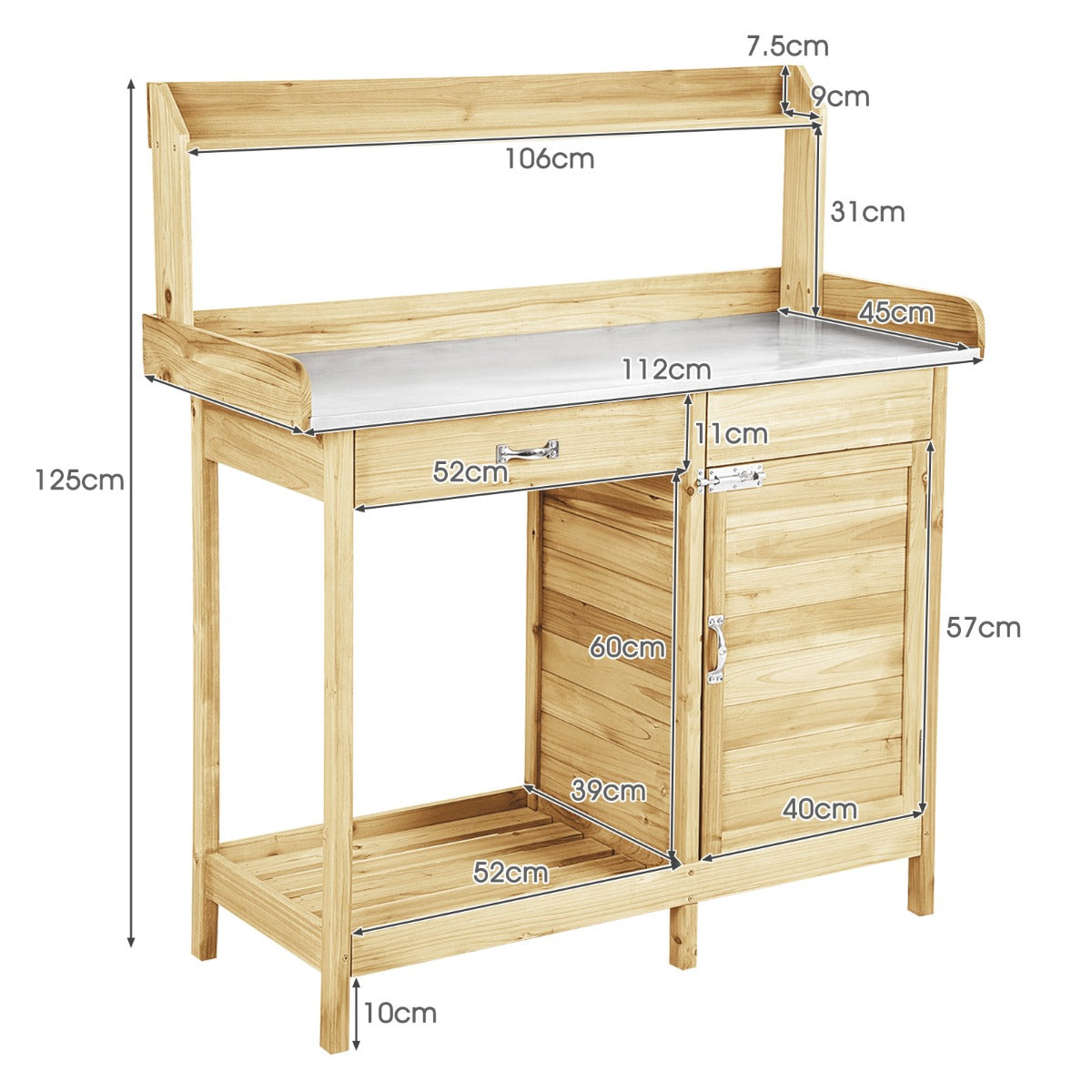 LIVSK Plantentafel met Onderkast en Laden - Robuust Dennenhout - Ruim Werkblad - 3 Haken - 112 x 46 x 125 cm - Naturel