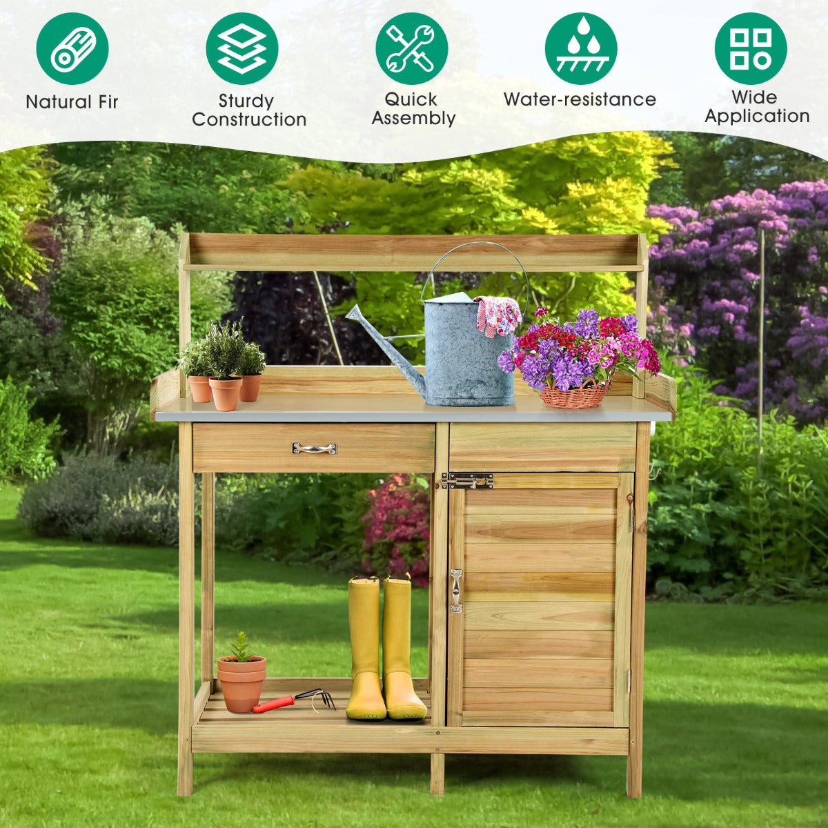 LIVSK Plantentafel met Onderkast en Laden - Robuust Dennenhout - Ruim Werkblad - 3 Haken - 112 x 46 x 125 cm - Naturel
