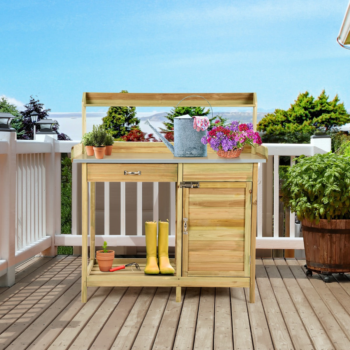LIVSK Plantentafel met Onderkast en Laden - Robuust Dennenhout - Ruim Werkblad - 3 Haken - 112 x 46 x 125 cm - Naturel