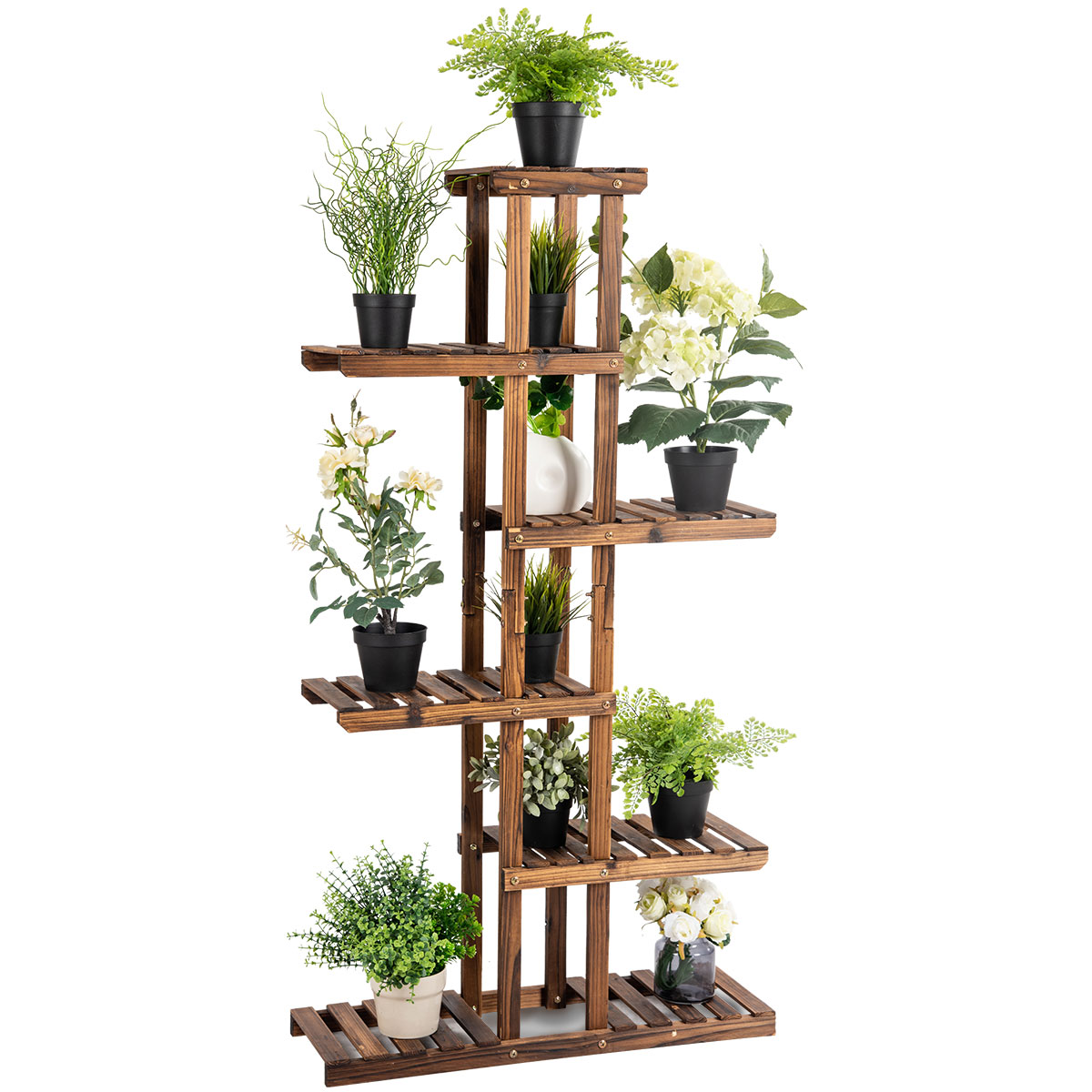LIVSK Plantenrek van Dennenhout - 6 Niveaus voor 11 Bloempotten - Modern Asymmetrisch Ontwerp - Eenvoudige Montage - Natuurlijk