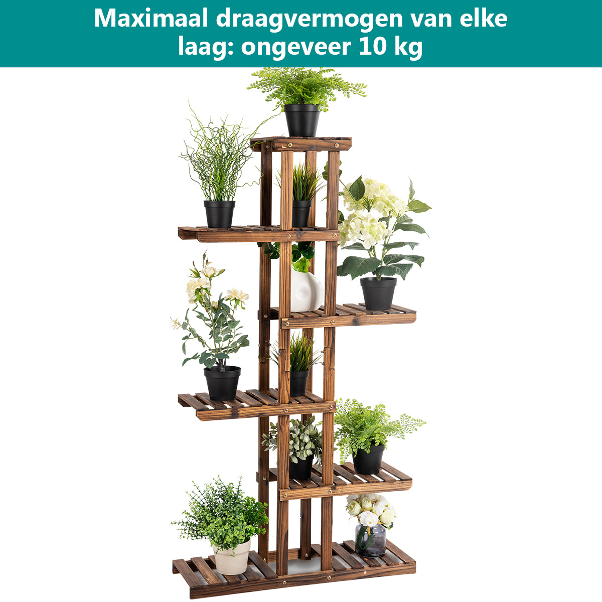 LIVSK Plantenrek van Dennenhout - 6 Niveaus voor 11 Bloempotten - Modern Asymmetrisch Ontwerp - Eenvoudige Montage - Natuurlijk