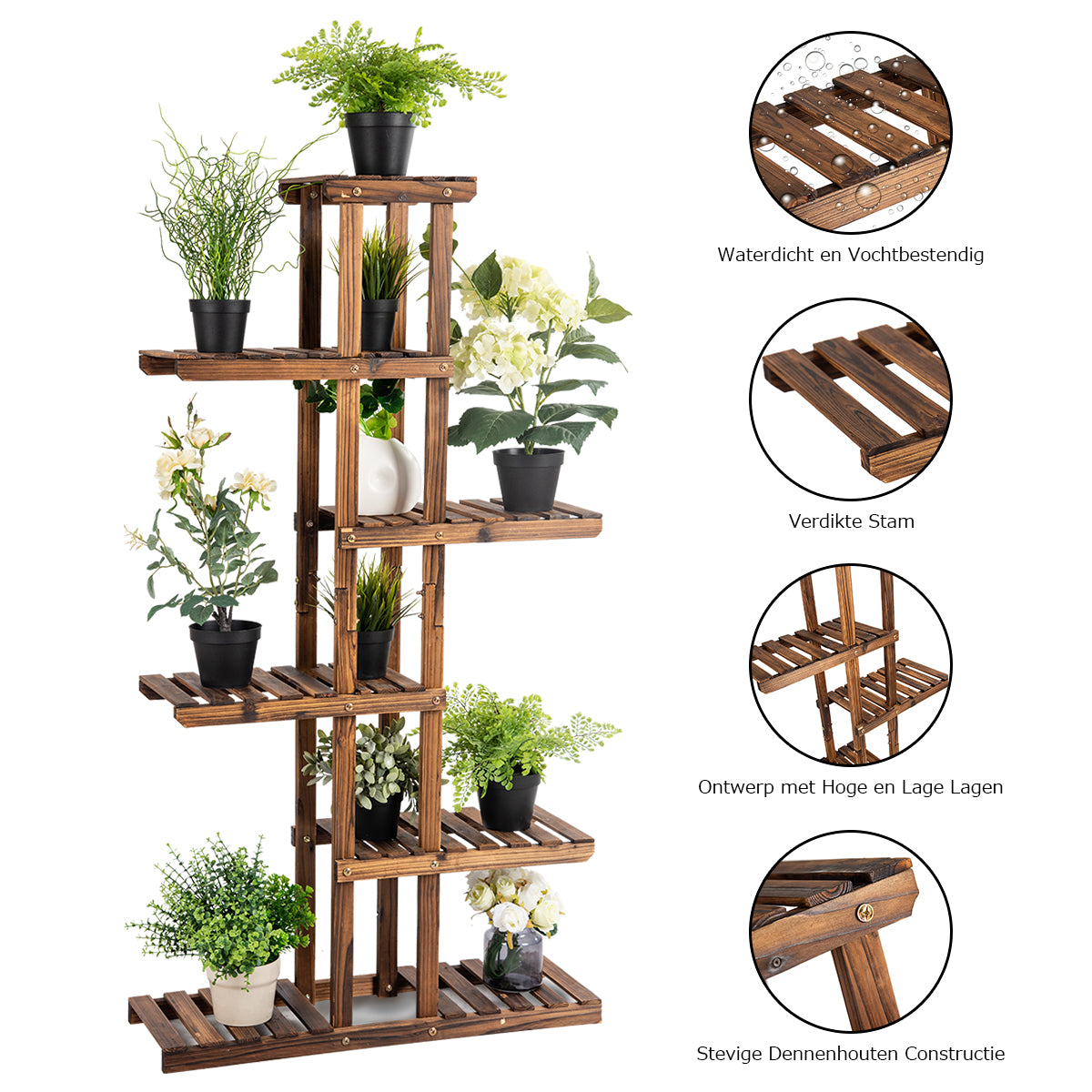 LIVSK Plantenrek van Dennenhout - 6 Niveaus voor 11 Bloempotten - Modern Asymmetrisch Ontwerp - Eenvoudige Montage - Natuurlijk