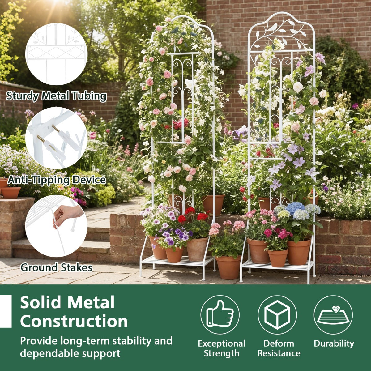 Livsk costway plantentrekwerk vrijstaand metalen frame met opklapbare planken kantelbeveiliging en ggondankers wit 6