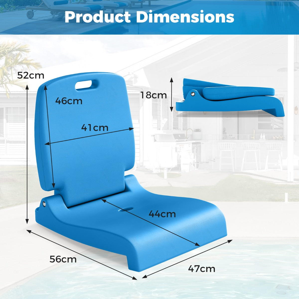 LIVSK Opvouwbare Zwembadstoel - Lichtgewicht en Draagbaar - Ergonomische Rugleuning - Afwateringsgaten - 56 x 47 x 52 cm - Blauw
