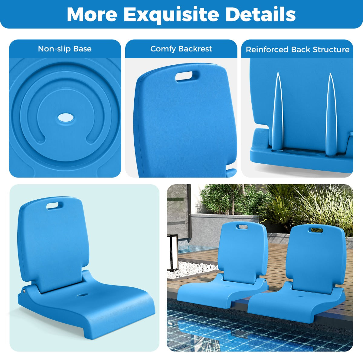 LIVSK Opvouwbare Zwembadstoel - Lichtgewicht en Draagbaar - Ergonomische Rugleuning - Afwateringsgaten - 56 x 47 x 52 cm - Blauw