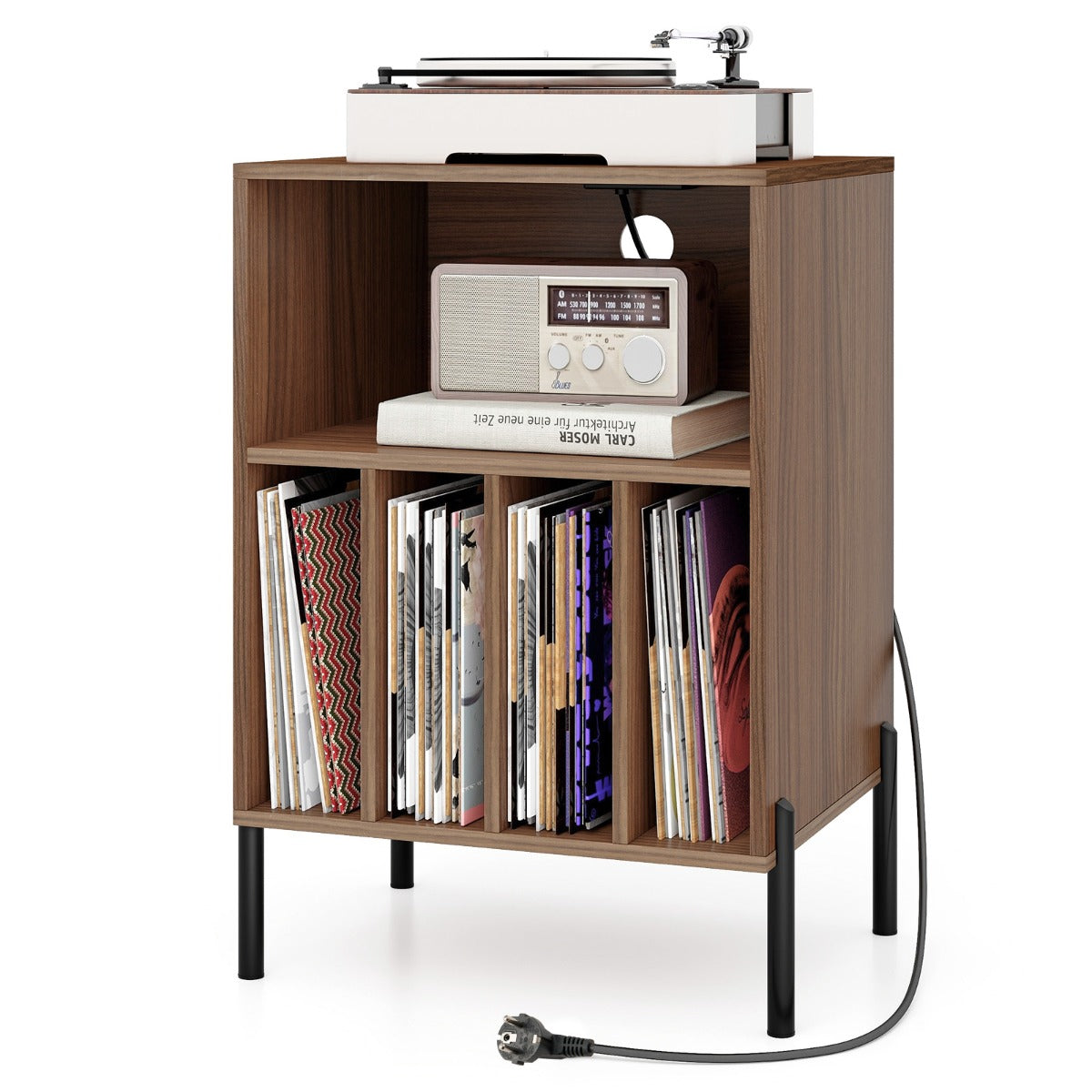 LIVSK Platenspelerstandaard met Oplaadstation - 4 Opbergvakken - Compact en Stijlvol - Voor 150 Vinylplaten - Walnoot