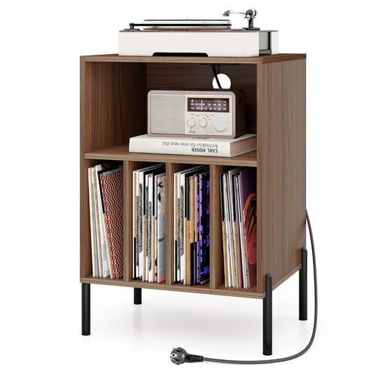 LIVSK Platenspelerstandaard met Oplaadstation - 4 Opbergvakken - Compact en Stijlvol - Voor 150 Vinylplaten - Walnoot