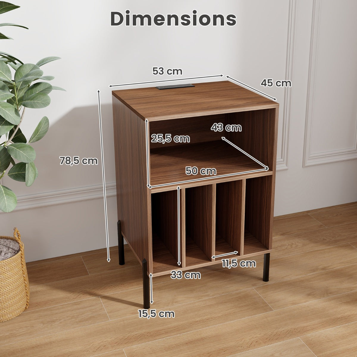 LIVSK Platenspelerstandaard met Oplaadstation - 4 Opbergvakken - Compact en Stijlvol - Voor 150 Vinylplaten - Walnoot