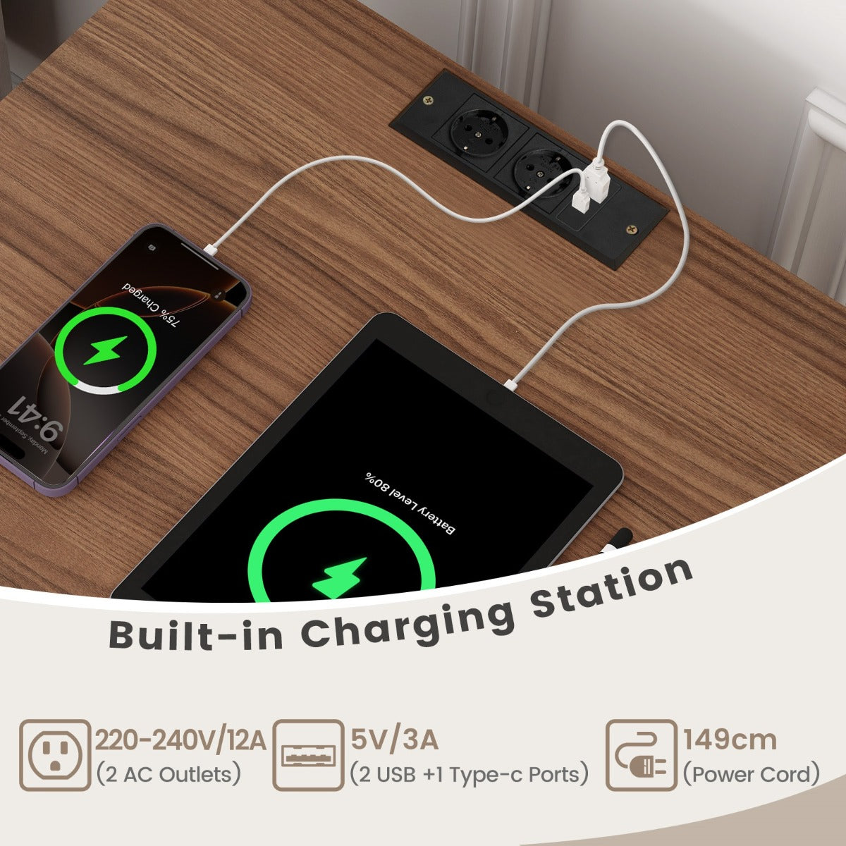 LIVSK Platenspelerstandaard met Oplaadstation - 4 Opbergvakken - Compact en Stijlvol - Voor 150 Vinylplaten - Walnoot