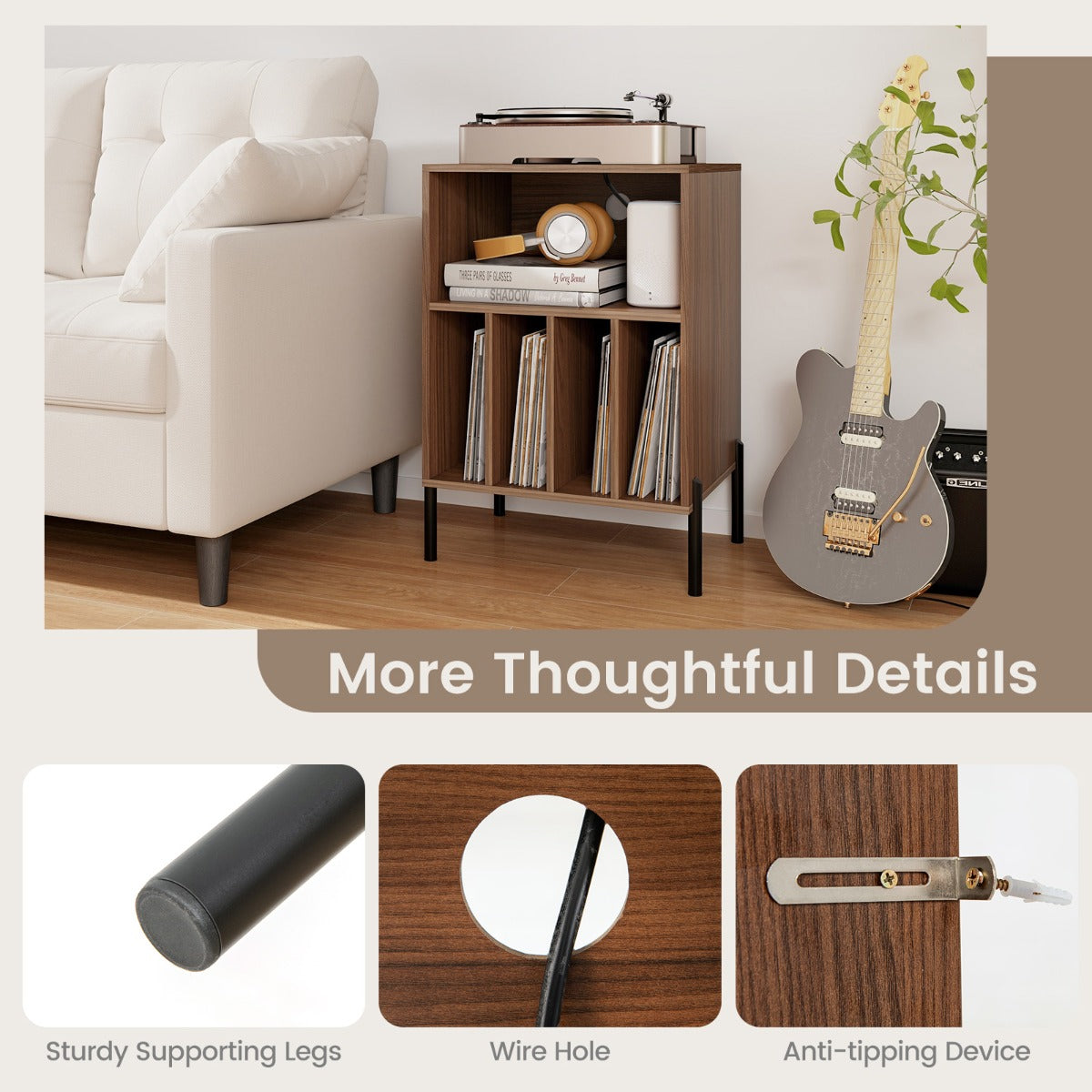 LIVSK Platenspelerstandaard met Oplaadstation - 4 Opbergvakken - Compact en Stijlvol - Voor 150 Vinylplaten - Walnoot