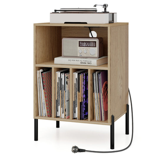 LIVSK Platenspelerstandaard - Oplaadstation met 2 USB en Type-C - 4 Compartimenten - Compact voor 150 Platen - Natuurlijk