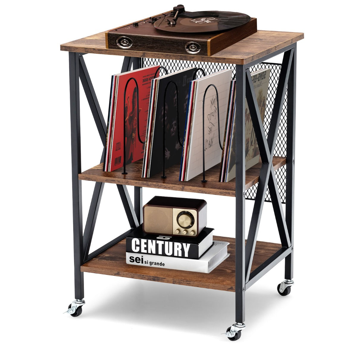LIVSK Platenspelerstandaard - Retro Design met 3 Verdelingen - Voor 250 Albums - Stevig Stalen Frame - 52 x 45 x 75 cm - Bruin