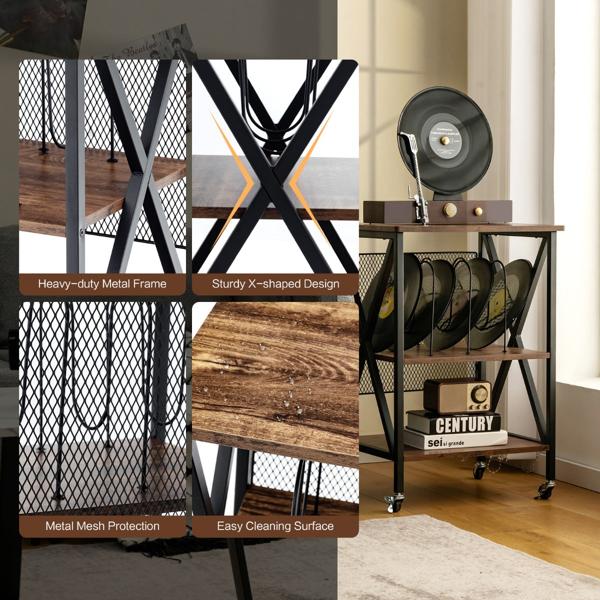 LIVSK Platenspelerstandaard - Retro Design met 3 Verdelingen - Voor 250 Albums - Stevig Stalen Frame - 52 x 45 x 75 cm - Bruin