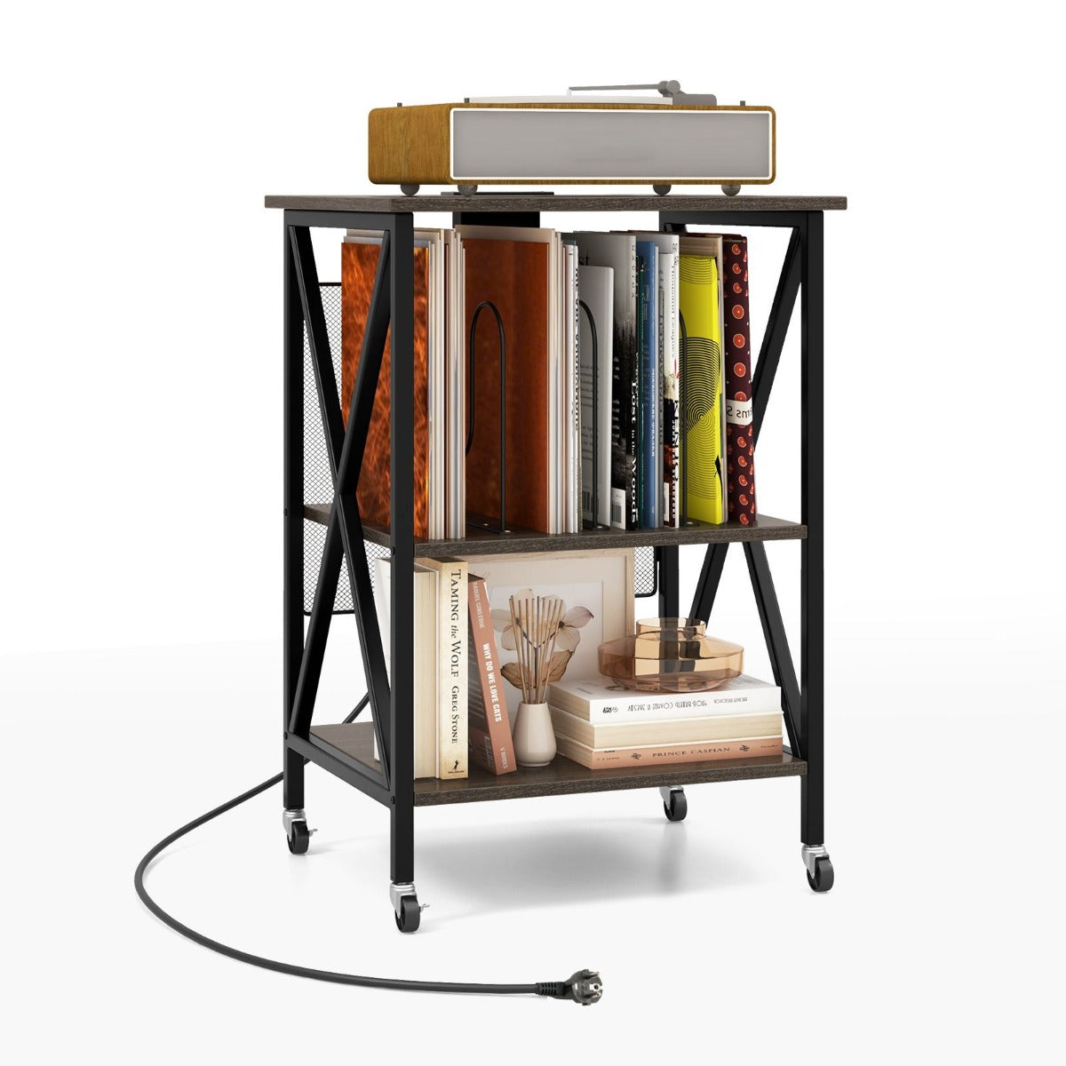 LIVSK Platenspelerstandaard - Geïntegreerd Oplaadstation met USB en Type-C - 250 Platen - Duurzaam Design - Grijs