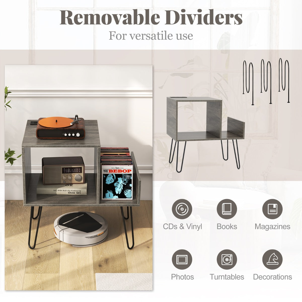 LIVSK Platenspelerstandaard met Stopcontact en USB - Ruimte voor 145 Albums - Metalen Poten - 66 x 45 x 67 cm - Grijs/Rustiekbruin