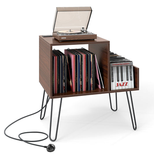 Livsk costway platenspelerstandaard met stopcontact moderne bijzettafel in mid century stijl met metalen poten voor maximaal 145 albums bruin