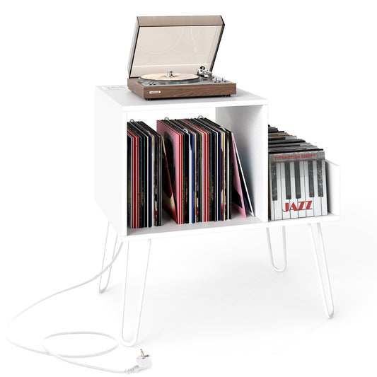 Livsk costway platenspelerstandaard met stopcontact moderne bijzettafel in mid century stijl met metalen poten voor maximaal 145 albums wit