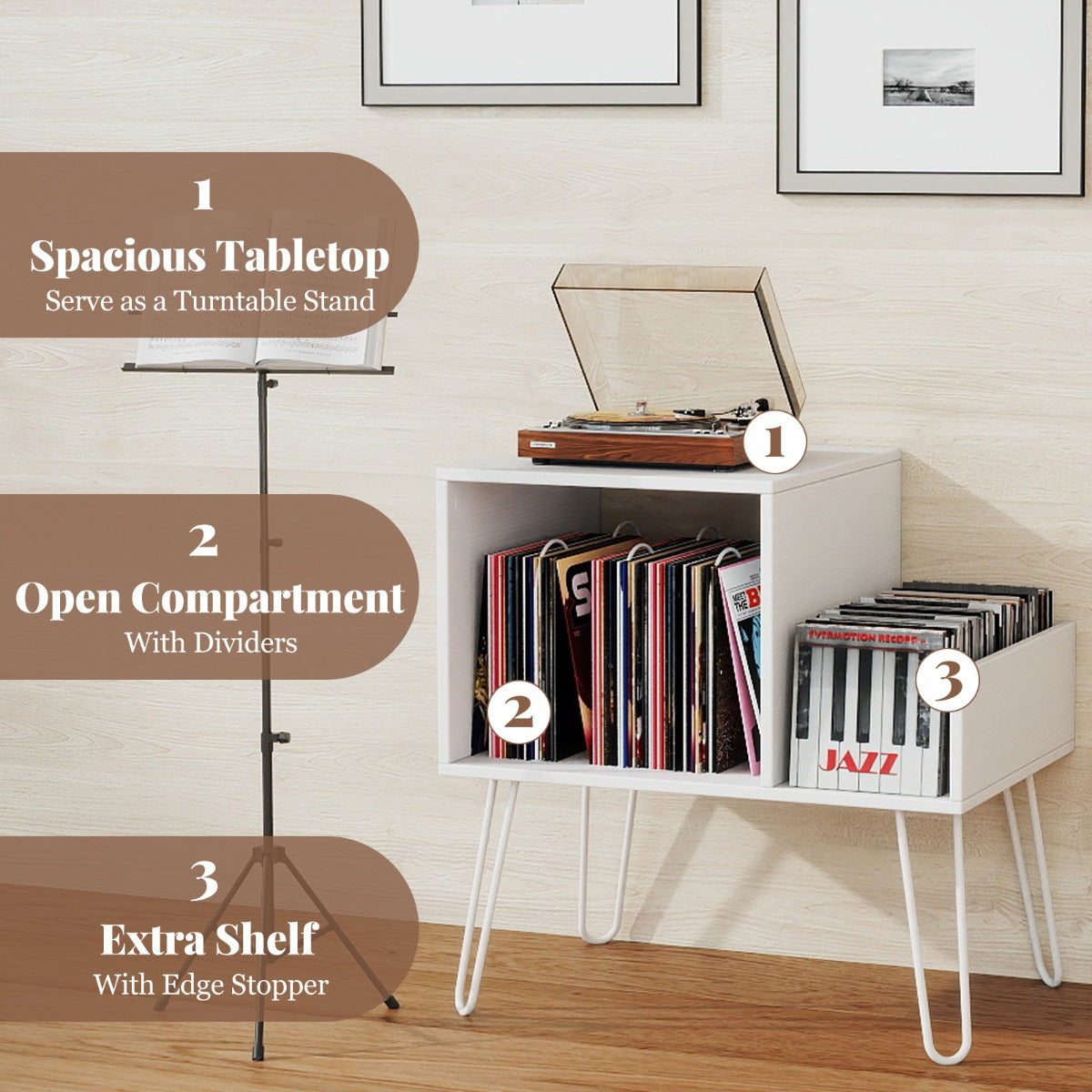 Livsk costway platenspelerstandaard met stopcontact moderne bijzettafel in mid century stijl met metalen poten voor maximaal 145 albums wit 6