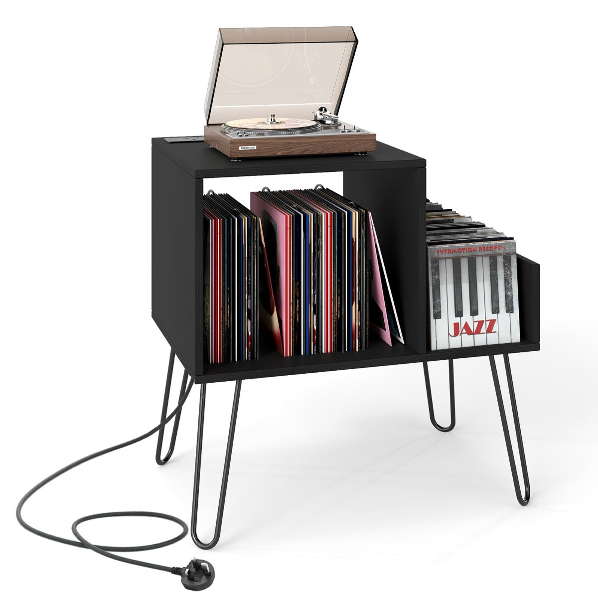 Livsk costway platenspelerstandaard met stopcontact moderne bijzettafel in mid century stijl met metalen poten voor maximaal 145 albums zwart