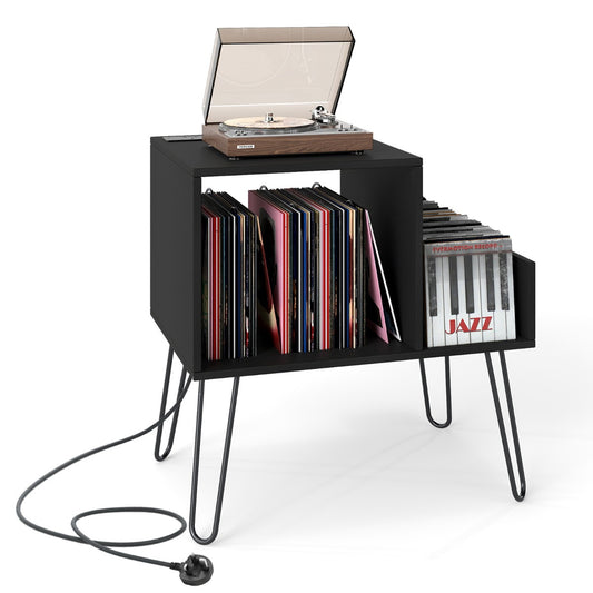 Livsk costway platenspelerstandaard met stopcontact moderne bijzettafel in mid century stijl met metalen poten voor maximaal 145 albums zwart