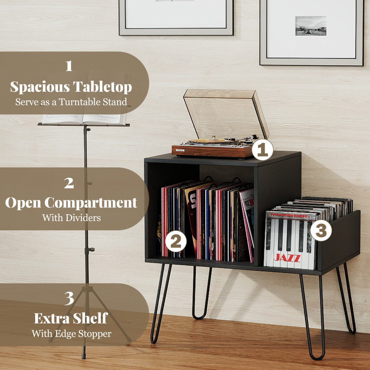 Livsk costway platenspelerstandaard met stopcontact moderne bijzettafel in mid century stijl met metalen poten voor maximaal 145 albums zwart 6
