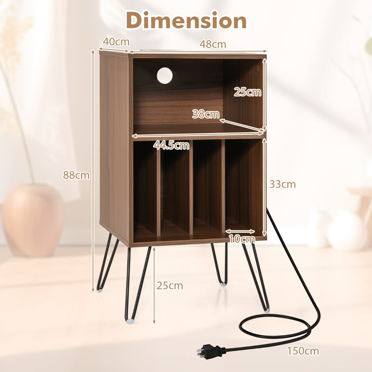 Livsk costway platenspelerstandaard nachtkastje met 3 niveaus en oplaadstation 4 verdelers displayplank opbergrek voor woonkamer slaapkamer walnoot 2