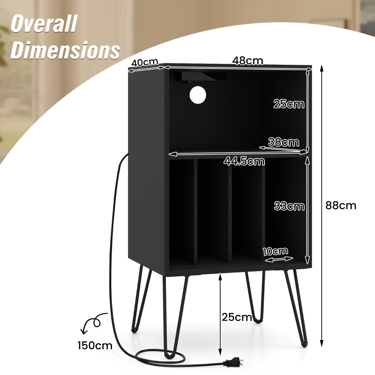 Livsk costway platenspelerstandaard platenspelerstandaard met oplaadstation platenopslagtafel met metalen poten vinyl displayrek zwart 1 1