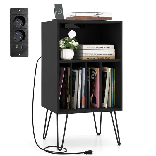 Livsk costway platenspelerstandaard platenspelerstandaard met oplaadstation platenopslagtafel met metalen poten vinyl displayrek zwart