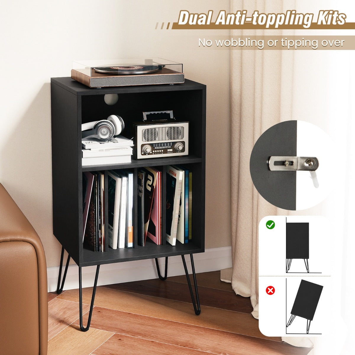 Livsk costway platenspelerstandaard platenspelerstandaard met oplaadstation platenopslagtafel met metalen poten vinyl displayrek zwart 5