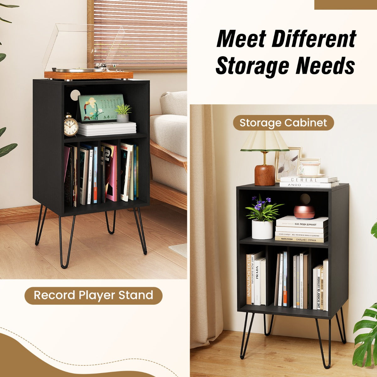 Livsk costway platenspelerstandaard platenspelerstandaard met oplaadstation platenopslagtafel met metalen poten vinyl displayrek zwart 6