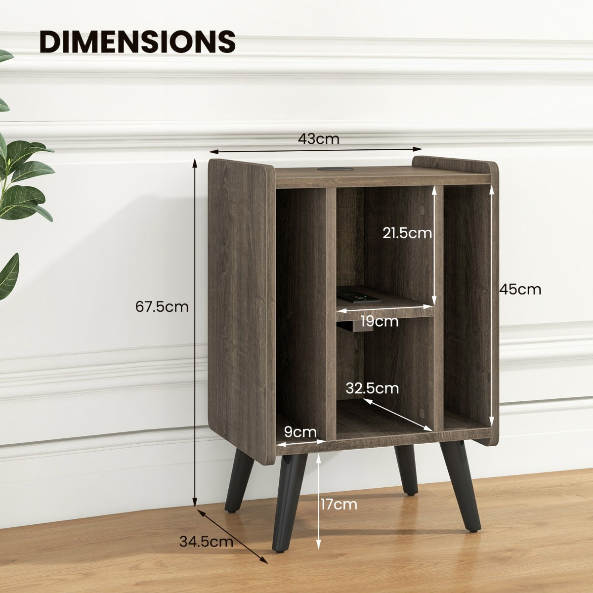 LIVSK draaitafelstandaard - Compact met Oplaadstation en Veel Opbergruimte - Modern Design - 43 x 34,5 x 67,5 cm - Bruin