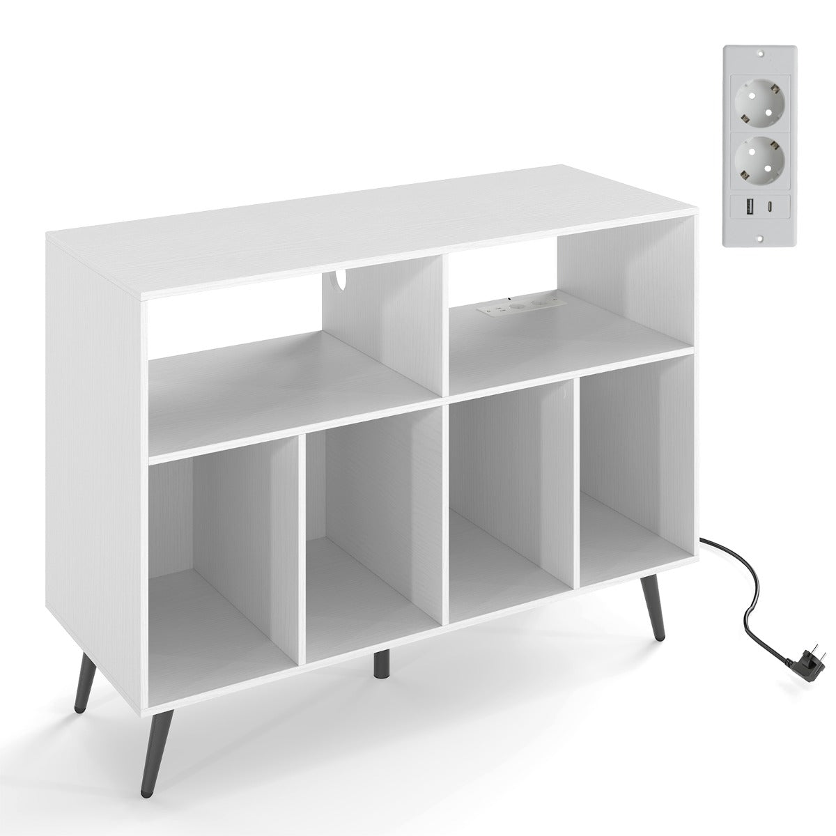 LIVSK Platenspelerstandaard met Oplaadstation - 4 Open Planken - Stabiele Constructie - Voor Vinylcollectie - Wit