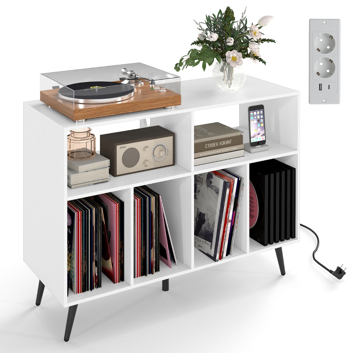 LIVSK Platenspelerstandaard met Oplaadstation - 4 Open Planken - Stabiele Constructie - Voor Vinylcollectie - Wit