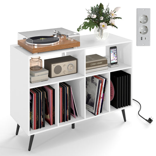 LIVSK Platenspelerstandaard met Oplaadstation - 4 Open Planken - Stabiele Constructie - Voor Vinylcollectie - Wit