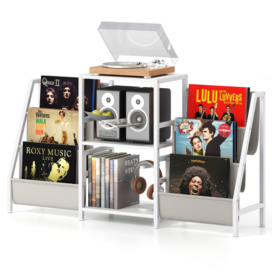 LIVSK Platenstandaard - Vinylrek met 3 Niveaus en 6 Opbergzakken - Tot 200 Albums - Stabiele Metalen Constructie - Wit