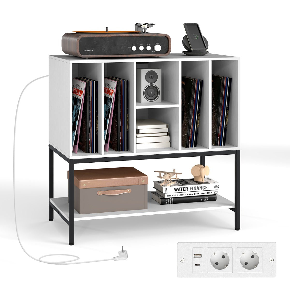 LIVSK Platenspeler Tafel met Oplaadstation - 6 Vakken voor Vinylopslag - Robuust Metalen Frame - 80 x 45 x 79,5 cm - Wit