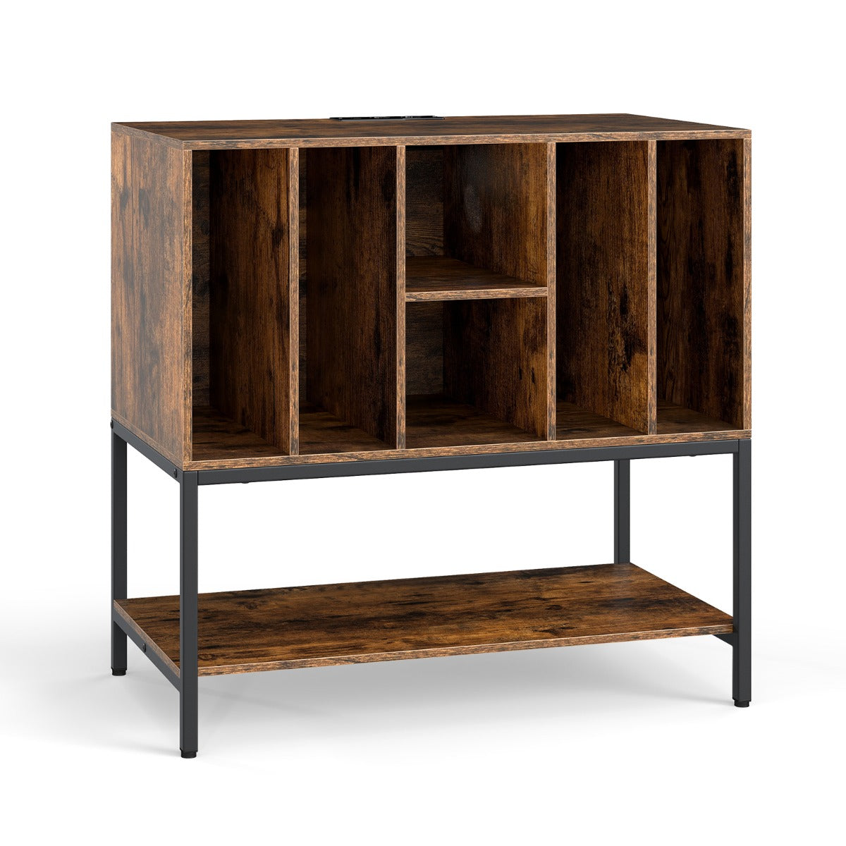 LIVSK Platenspeler Tafel - Oplaadstation met 2 Stopcontacten en USB - Ruime Vinylopslag - Robuust Metalen Frame - Rustiek bruin