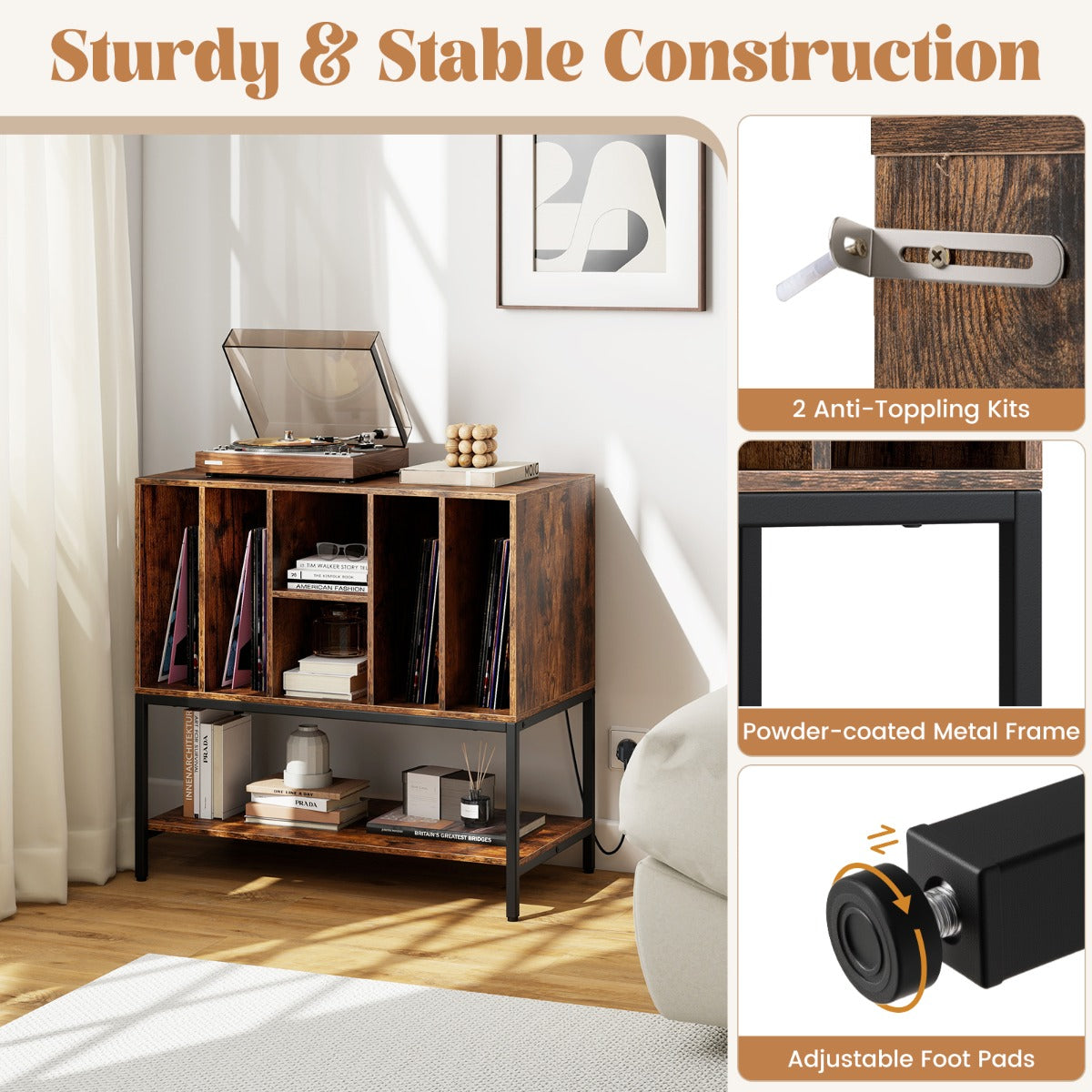 LIVSK Platenspeler Tafel - Oplaadstation met 2 Stopcontacten en USB - Ruime Vinylopslag - Robuust Metalen Frame - Rustiek bruin