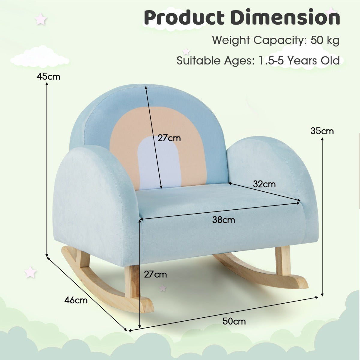 LIVSK Gestoffeerde Schommelstoel voor Peuters - Ergonomisch Ontwerp - Rubberhouten Basis - Tot 50 kg - Blauw