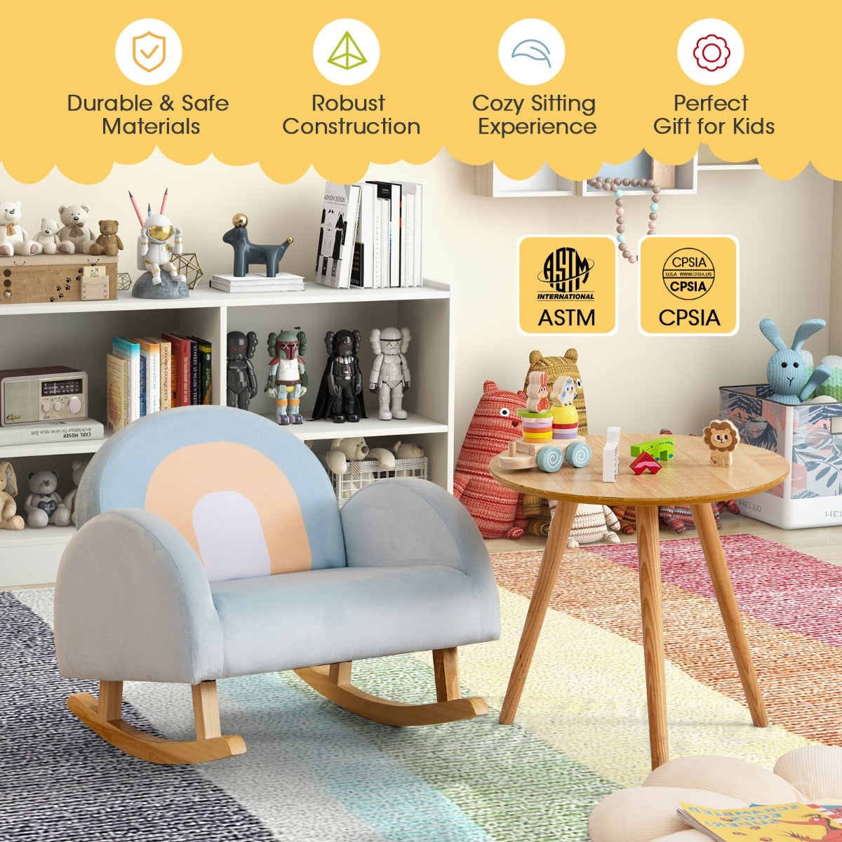 LIVSK Gestoffeerde Schommelstoel voor Peuters - Ergonomisch Ontwerp - Rubberhouten Basis - Tot 50 kg - Blauw
