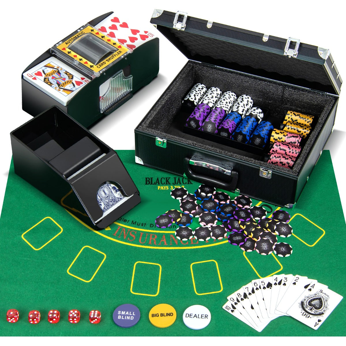 LIVSK Pokerficheset - 300 Premium Chips in 5 Kleuren - Aluminium Koffer met Kaartenschudder - Voor Elke Pokeravond - Zwart