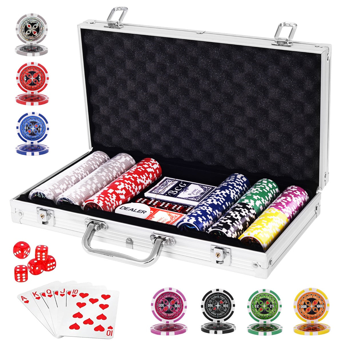LIVSK Pokerset 300 Chips - Inclusief Aluminium Koffer en Speelkaarten - Voor Pokeravonden - Geschikt voor Alle Leeftijden - Zilver