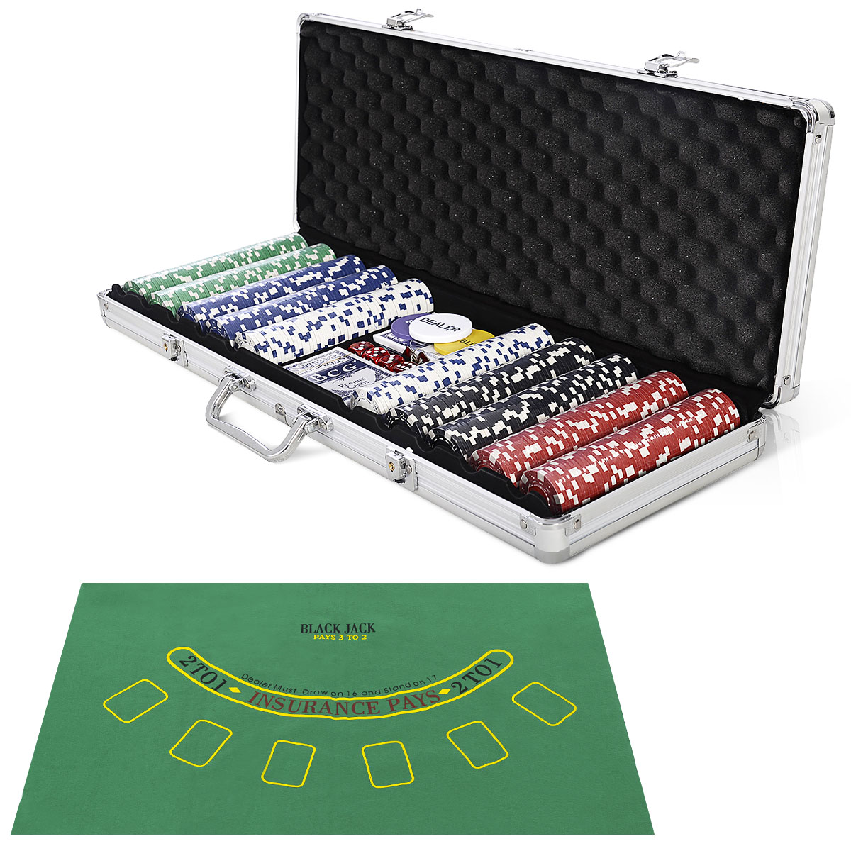 LIVSK Pokerkoffer Set - Aluminium Koffer met 500 Fiches - 2 Pokerdecks - 5 Dobbelstenen - Professionele Kwaliteit - Zwart