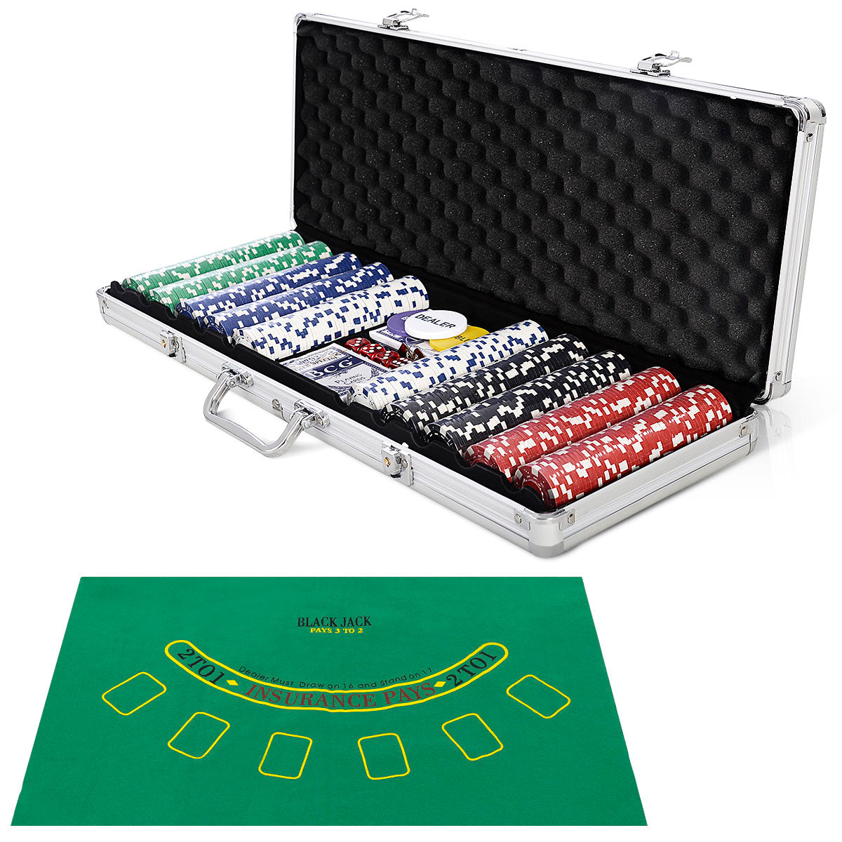 LIVSK Pokerkoffer Set - Aluminium Koffer met 500 Fiches - 2 Pokerdecks - 5 Dobbelstenen - Professionele Kwaliteit - Zwart
