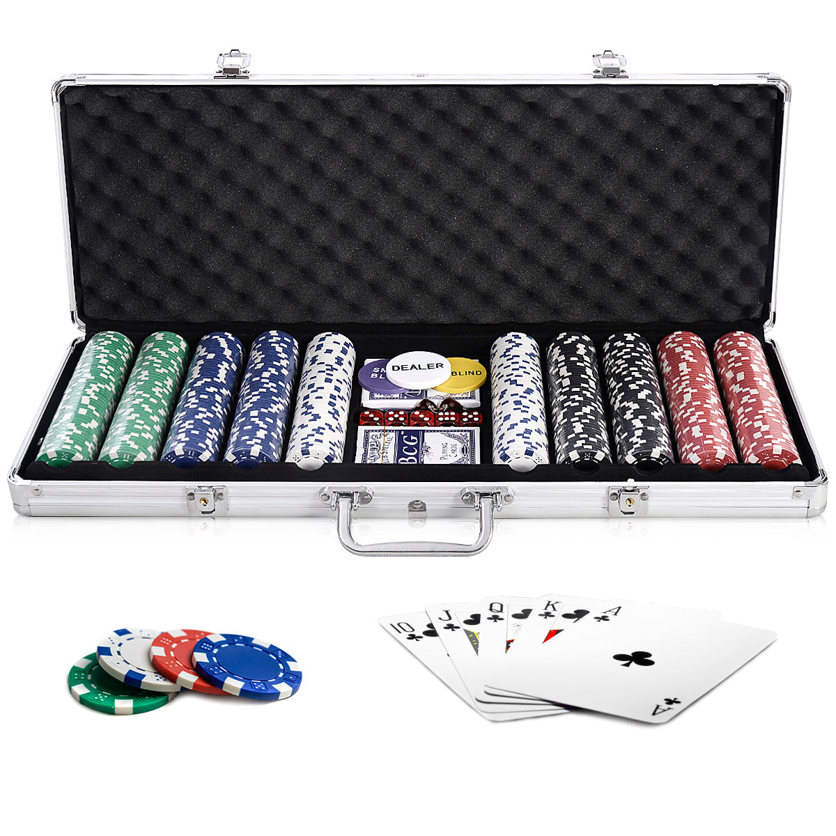 LIVSK Pokerkoffer Set - Aluminium Koffer met 500 Fiches - 2 Pokerdecks - 5 Dobbelstenen - Professionele Kwaliteit - Zwart