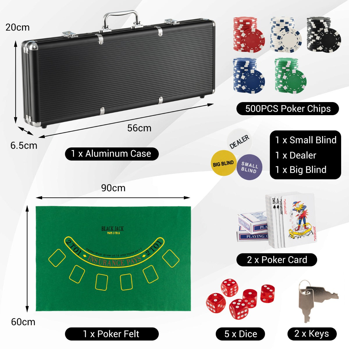 LIVSK Pokerkoffer Aluminium - 500 Pokerchips - 2 Speelkaarten - 5 Dobbelstenen - Draagtas - 56 x 20 x 6,5 cm - Zwart
