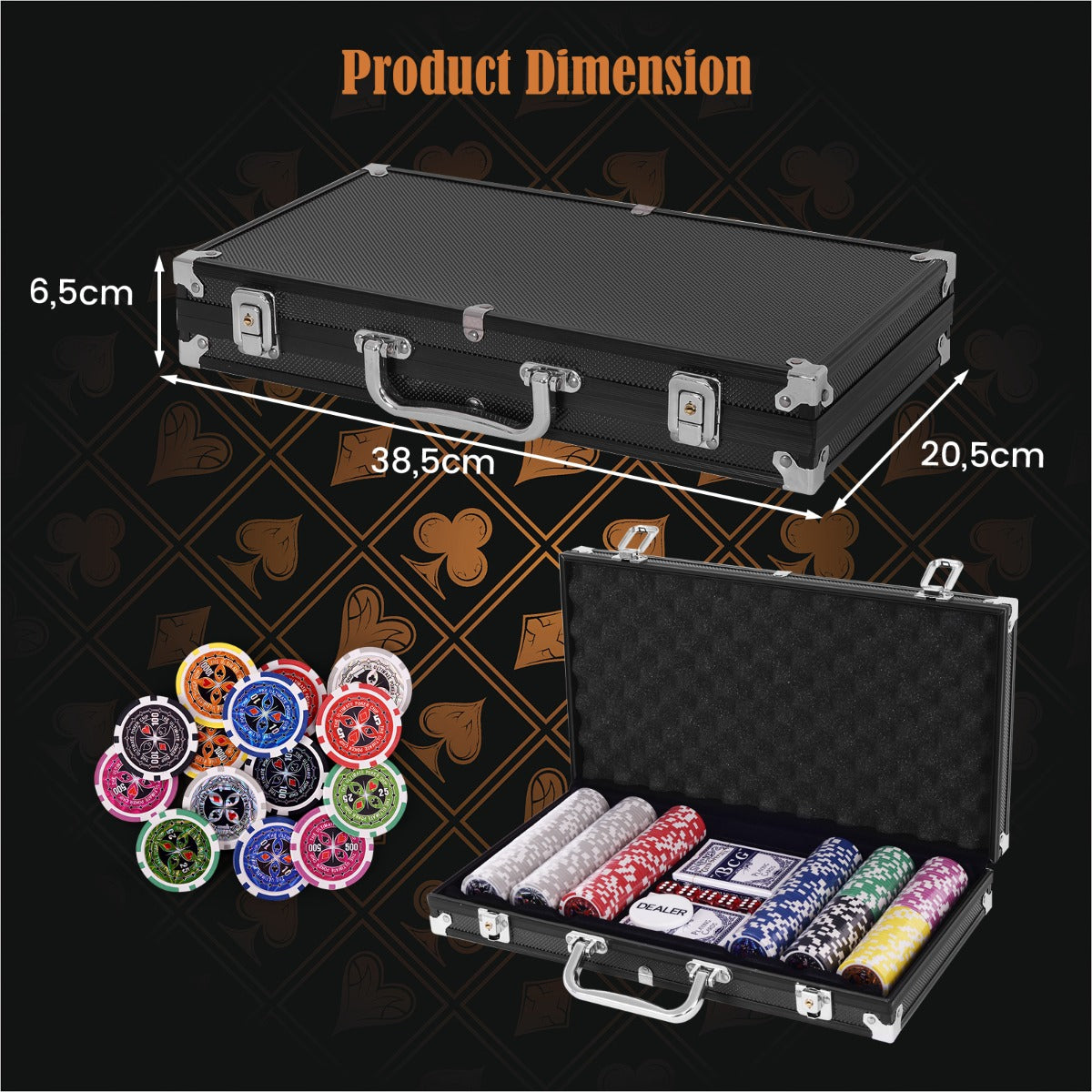 LIVSK Casino Poker Chip Set - 300 Chips in 7 Kleuren - Inclusief 2 Kaartspellen en Aluminium Draagtas - Zwart
