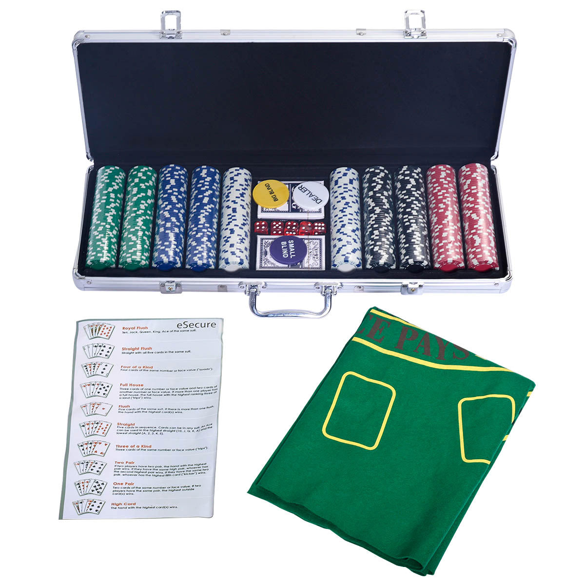 LIVSK Pokerkoffer - 500 Laserchips - Aluminium - 2 Sets Pokerkaarten - 5 Dobbelstenen - Compleet Pakket - Zwart