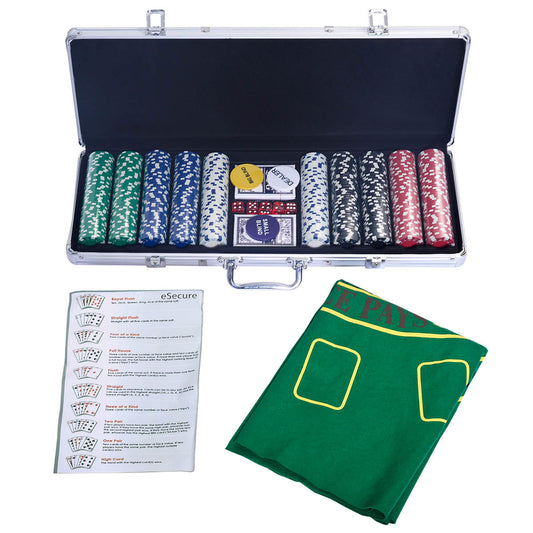 LIVSK Pokerkoffer - 500 Laserchips - Aluminium - 2 Sets Pokerkaarten - 5 Dobbelstenen - Compleet Pakket - Zwart