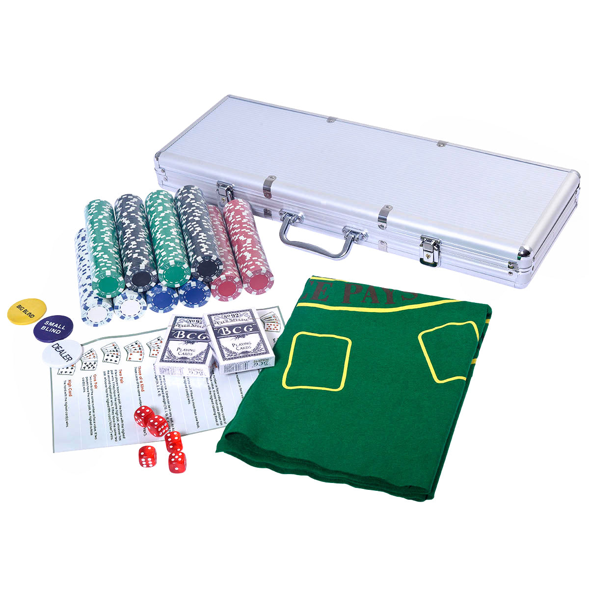 LIVSK Pokerkoffer - 500 Laserchips - Aluminium - 2 Sets Pokerkaarten - 5 Dobbelstenen - Compleet Pakket - Zwart